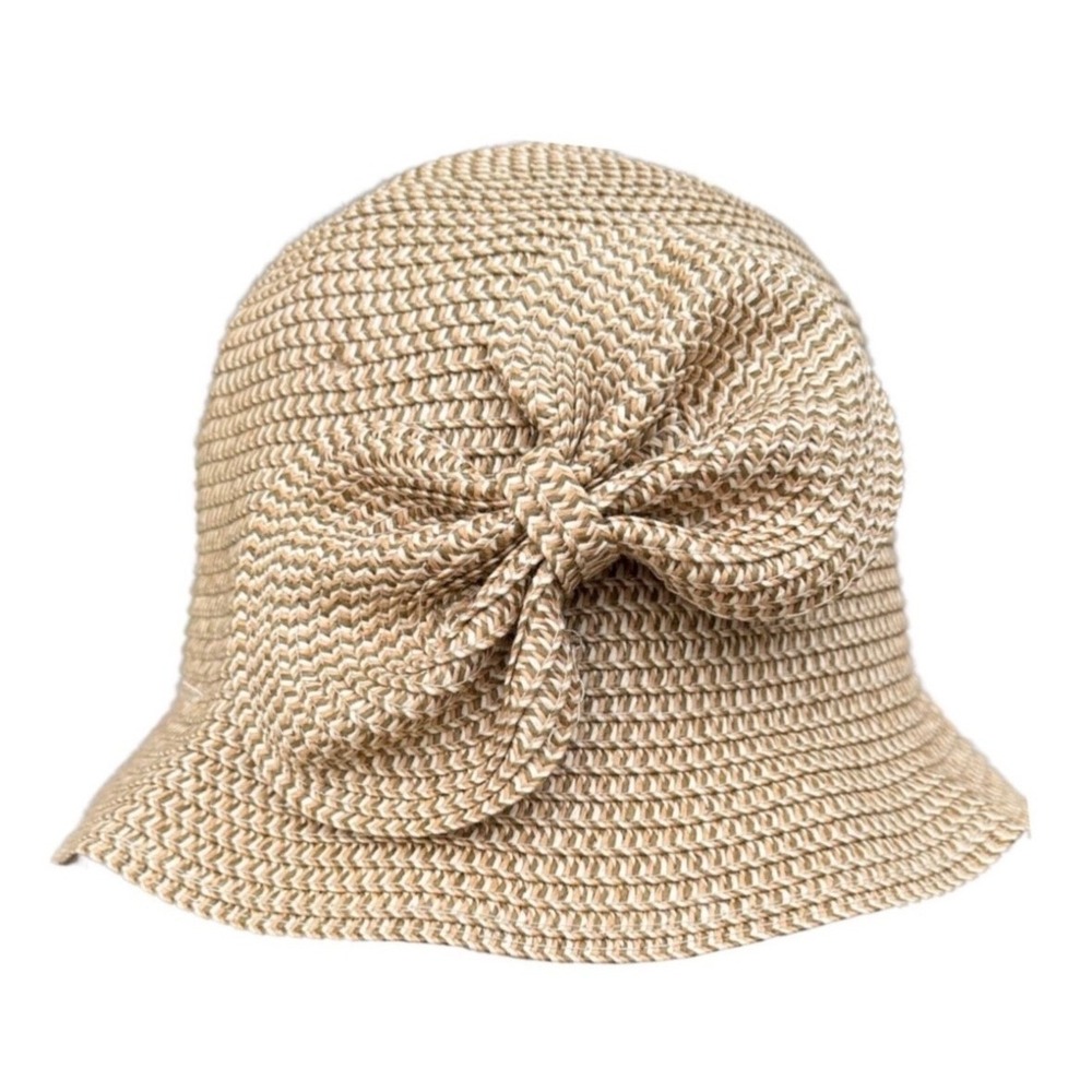 D&Y Tan Woven Paper Straw Cloche Hat with Side Bow Detail Vintage Style Sun Hat